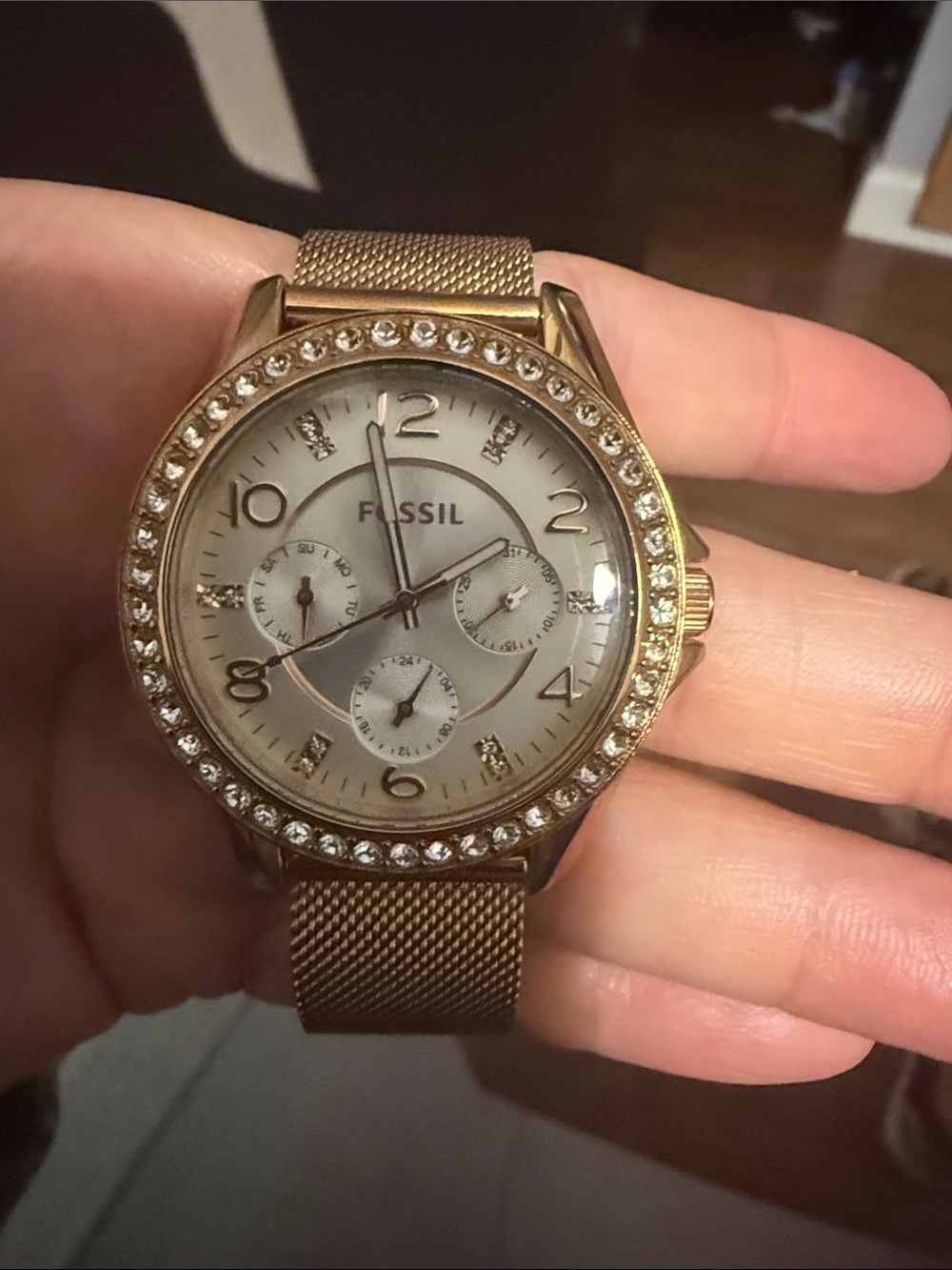 Fossil Rose Gold-Tone Crystal Bezel Mesh Watch